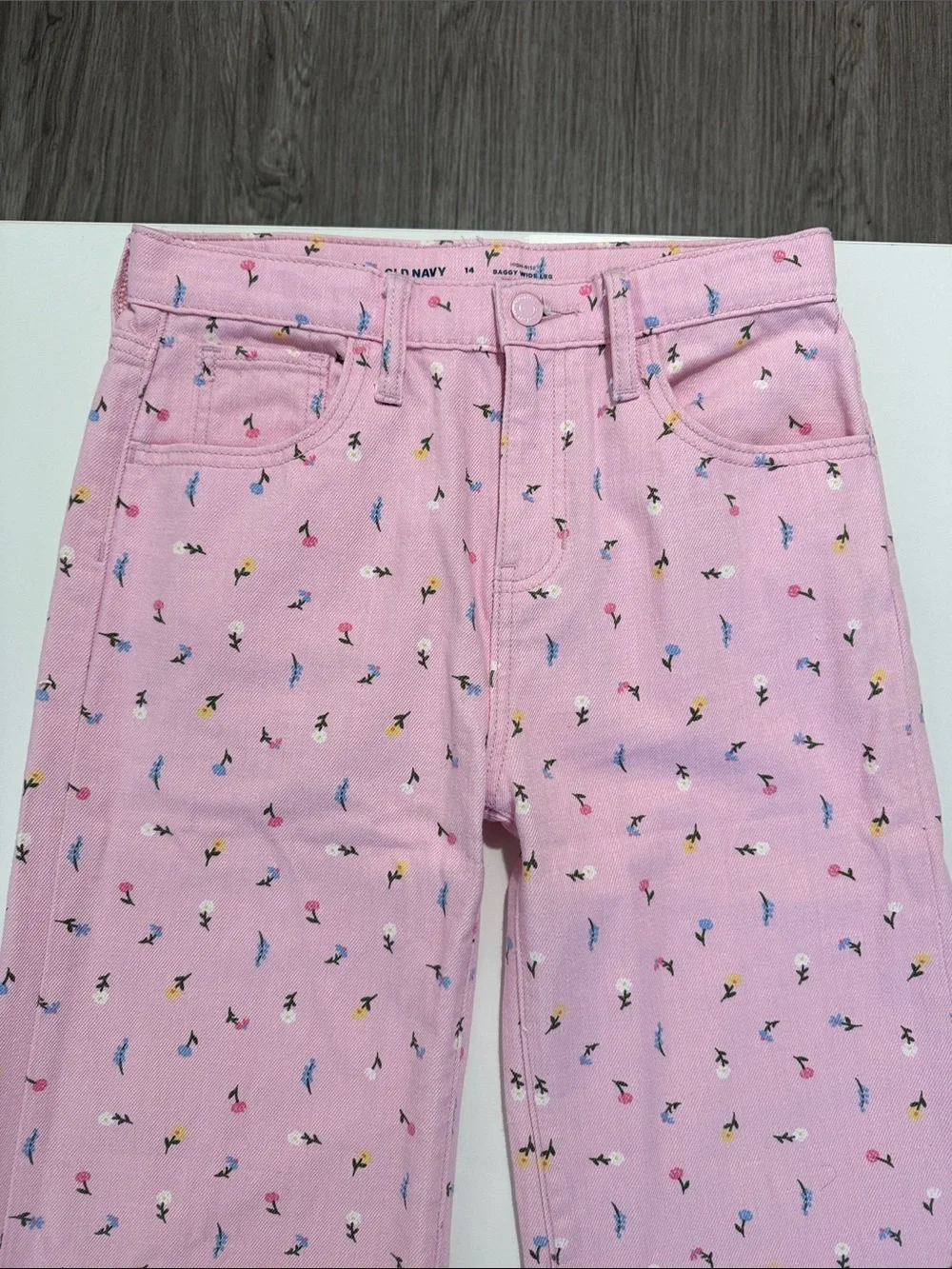 Old Navy • Girls High Rise Baggy Wide Leg Jeans • Pink & Floral • Size 14